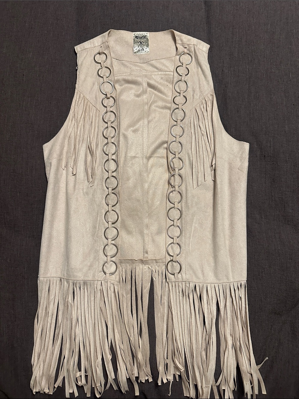 Vocal Beige Fringe Vest with Silver Ring Trim